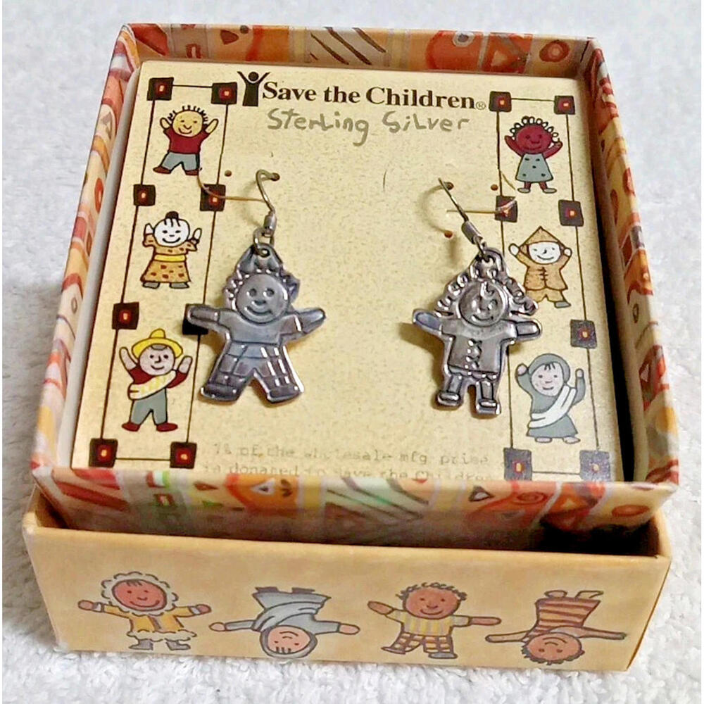 Sterling Silver "Save The Children" Dangling Girl & Boy Earrings Marked ESF 925